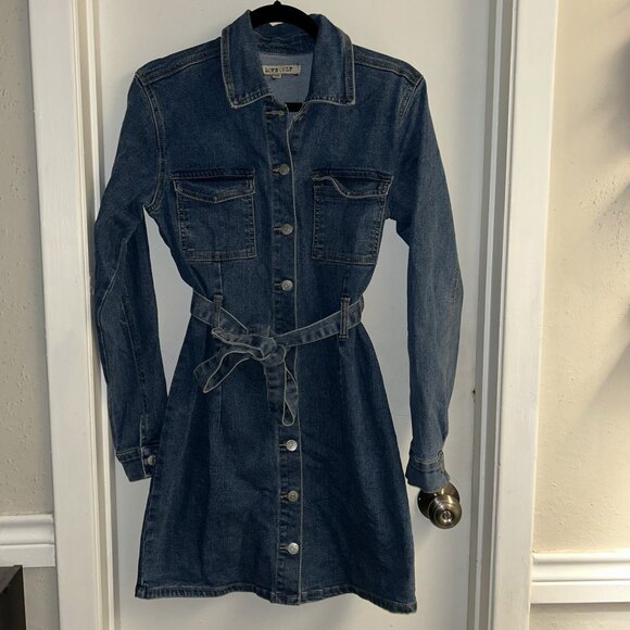 Love Cult Long Sleeve Button Down Belted Western Boho Denim Dress Size Large - Picture 3 of 9